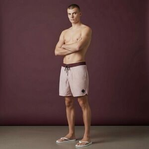 OLD FAME Polka‎ Dot Board Shorts Mens XL Pink Burgundy Swim Trunks Elastic Waist